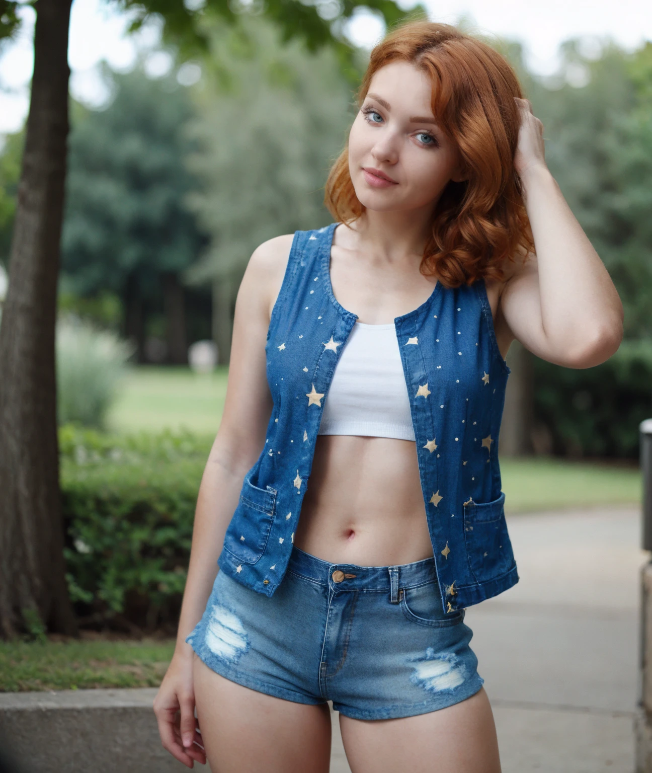 cinematic photo , realistic,  <lora:quiron_Kika_v2_Lora:0.87> KikaQuiron, redhead, blue eyes, wide angle, wide shot, full body, park, day, bust cup, starry print vest, (denim shorts), happy, . 35mm photograph, film, bokeh, professional, 4k, highly detailed