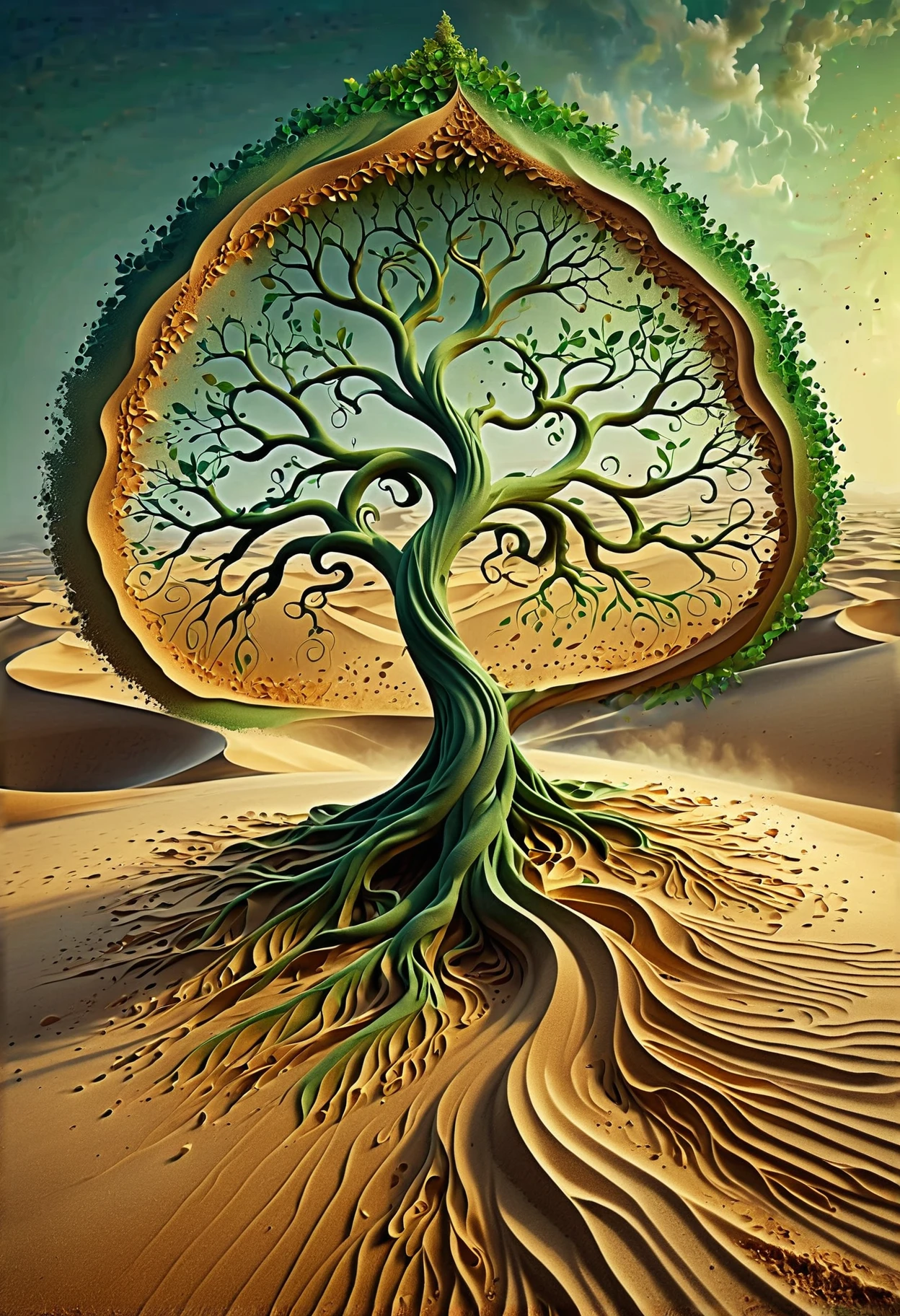 a large tree with trunk made of brown swirling sand, leaves made of green swirling sand, forest, (masterpiece, high detail, best quality), realistic, fantasy