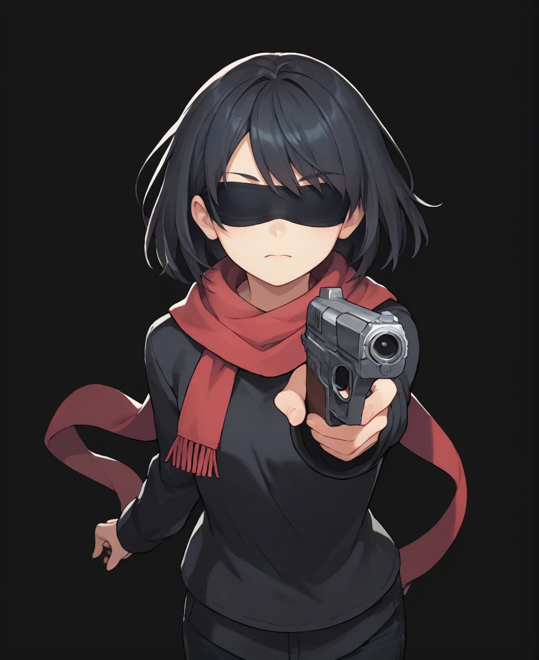 score_9, score_8_up, score_7_up, score_6_up, source anime, 1girl, solo, blindfold, scarf, gun, focus, depth of field, holding gun, dynamic angle, (outstretched arms:0.4),
black hair, medium hair, shirt, black background