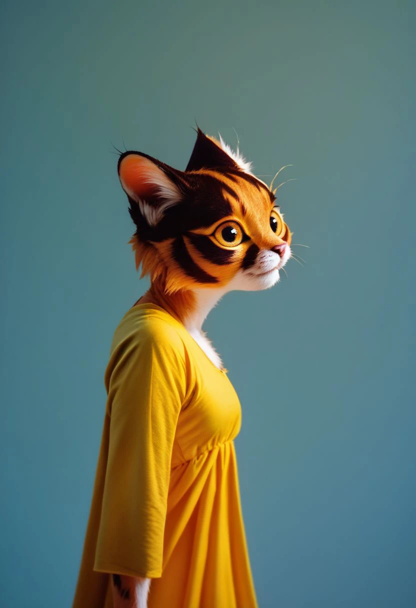 score_9, score_8_up, score_7_up, score_6_up, 
orange cat, furry, cartoony,
brown fur,
Tigra, 1girl, yellow dress with sun picture, 
yellow eyes, simple background,
raw, photo, realistic,