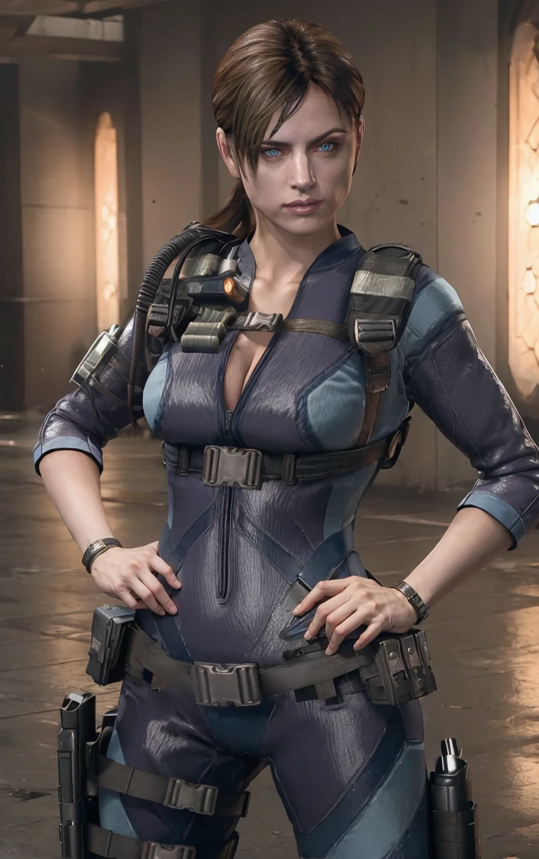 (masterpiece, best quality:1.4), insaneres, absurdres, solo, looking at viewer,BREAK 
GAME_ResidentEvilRevelation_JillValentine_ownwaifu, 
1girl, breasts, brown hair, short hair, medium breasts, jill valentine, lips, ponytail, long hair, blue eyes, large breasts, collarbone, makeup, 
bodysuit, cleavage, watch, holster, wristwatch, belt, uniform, military, bracelet, thigh holster, pouch, skin tight, bulletproof vest, 
(contrapposto, hand on hip), sunset, sidelighting, outdoors, <lora:GAME_ResidentEvilRevelation_JillValentine_ownwaifu-15:1> , depth of field