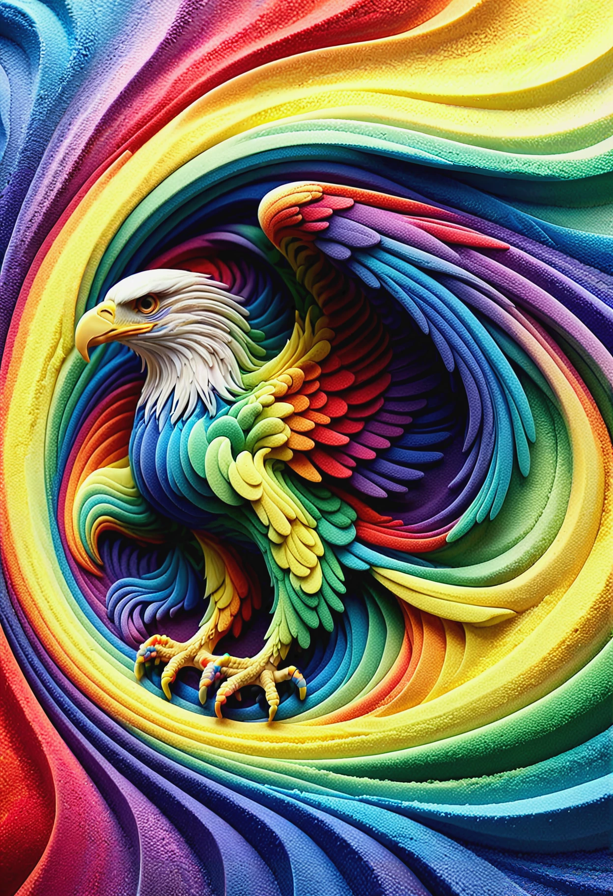 an eagle made of rainbow sandswirl, (masterpiece, high detail, best quality), realistic, fantasy