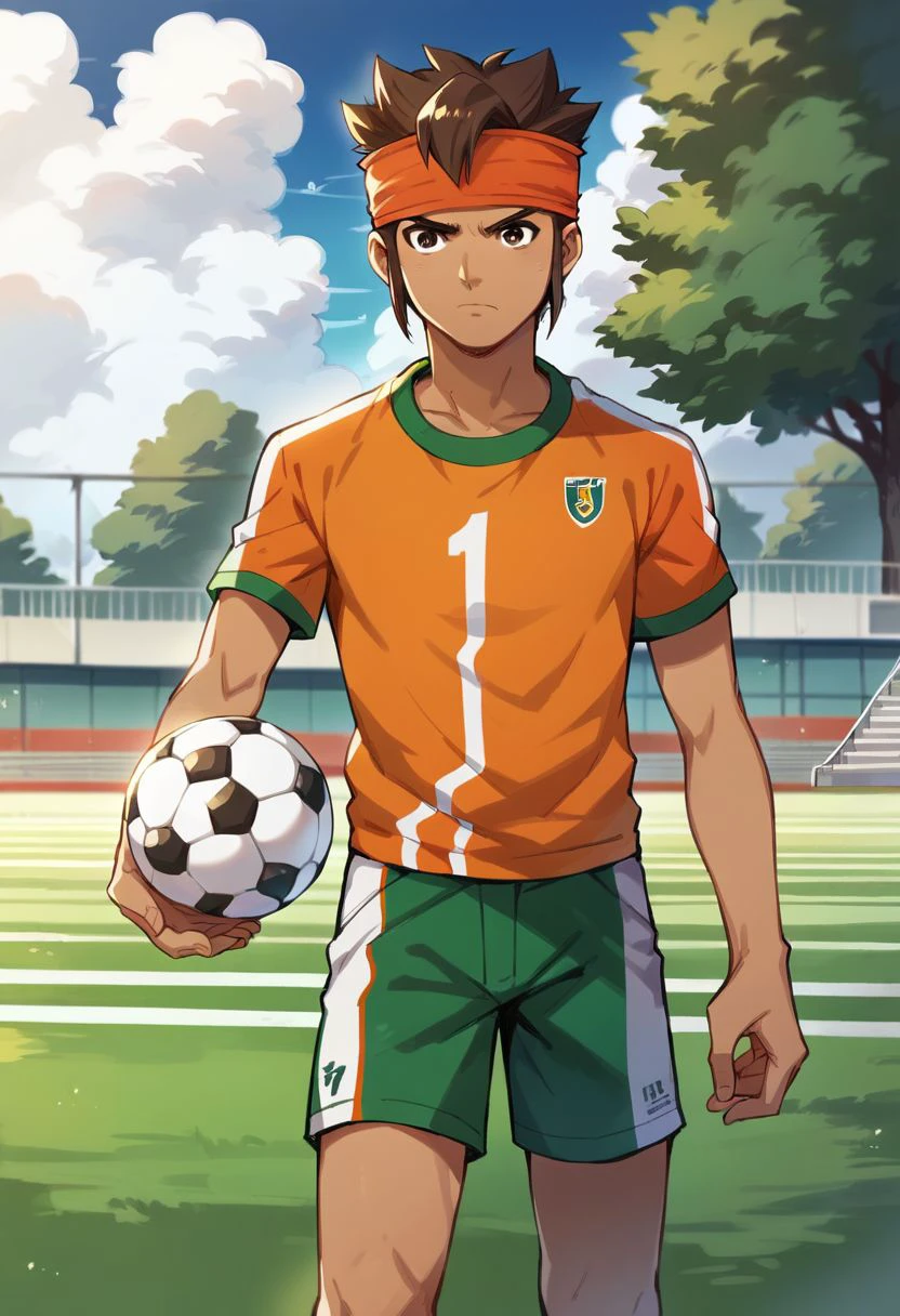 score_9, score_8_up, score_7_up, mark evans, 1boy, solo, brown hair, brown eyes, orange headband, sportswear, emerald and orange shirt, emerald shorts, serious, gate, gatekeeper, soccer field