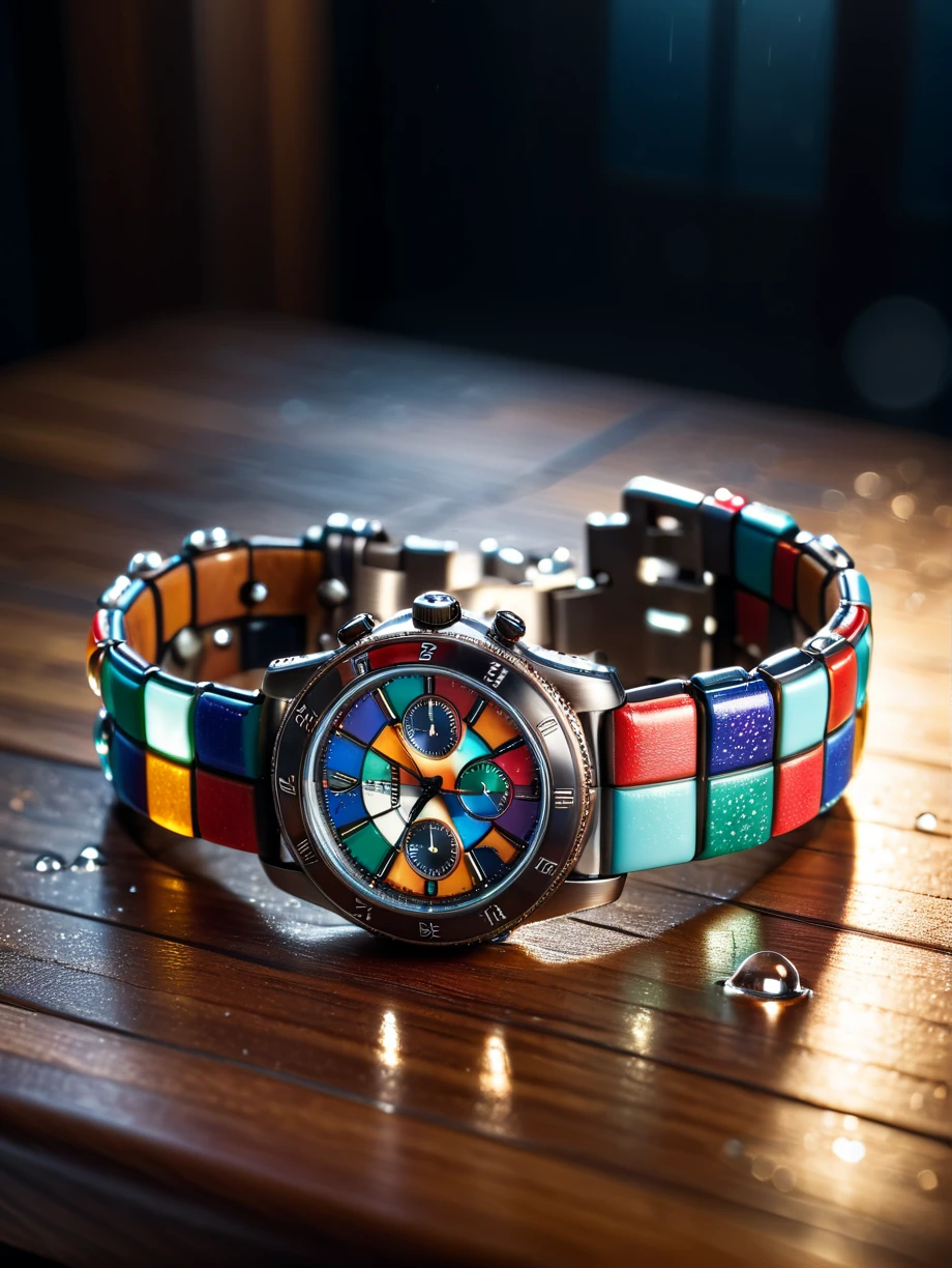 close-up of a mad-checker watch with leather wristband lying on a wooden table and covered with water droplets, spotlight, reflection, dramatic lighting, cinematic shot <lora:Colorful_Checker_SDXL_v2:0.8>, masterpiece, best quality, ultra high res, (photorealistic, realistic:1.2), deep shadow, raw photo, film grain, Fujifilm XT3, 8k uhd, dslr