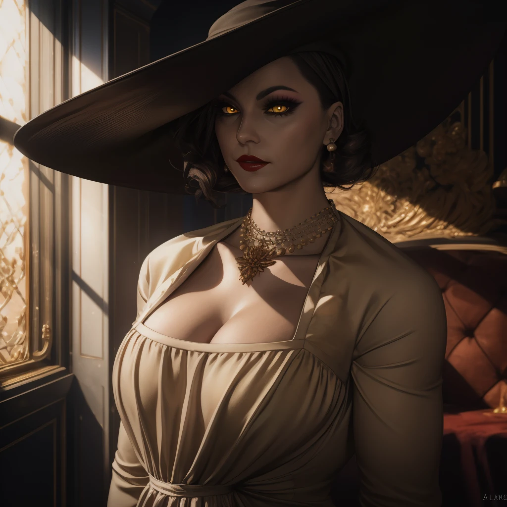 Best_QualityPos, RAW photo, intricate details, best quality, 8k uhd, soft lighting, 1girl, solo, alcina dimitrescu, hat, black hat, short hair, black hair, yellow eyes, colored skin, grey skin, dress, white dress, collarbone, rose, black flower, black rose, jewelry, earrings, necklace,  lipstick, makeup <lora:Alcina_Dimitrescu:0.7> <lora:exposure_control_v10:-0.4>