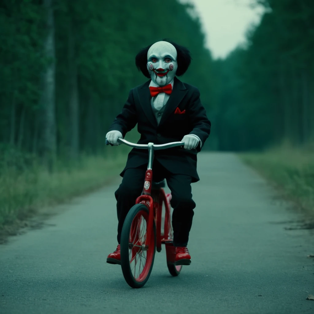 cinematic film still of  <lora:jigsaw style:1>
Jigsaw a creepy clown riding a red bicycle with a red wheel,solo,red eyes,1boy,bow,full body,male focus,shoes,bowtie,mask,formal,suit,ground vehicle,red footwear,traditional bowtie,bicycle,horror (theme) , detailed, detailed background, detailed scene, perfect, perfection, cinematic, filmic, Horror (themed), Jigsaw style, shallow depth of field, vignette, highly detailed, high budget, bokeh, cinemascope, moody, epic, gorgeous, film grain, grainy