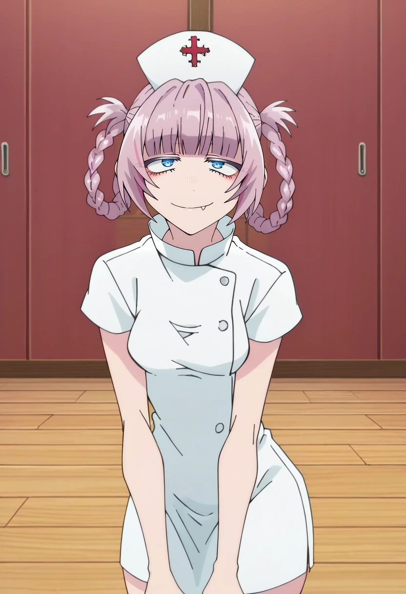 score_4, score_5, score_6, score_9, score_8_up, score_7_up, source_anime,
<lora:YofukashiNoUta_NanakusaNazunaXL:0.9>, NanakusaNazuna,
1girl, closed mouth, light smile,
pink hair, short hair, braid, hair rings, blue eyes, fang,
NanakusaNurse, nurse, white dress, nurse cap,
looking at viewer, cowboy shot,
indoors, wooden floor,
<lora:anime_screencap:1>, fine anime screencap_xl, anime_screencap