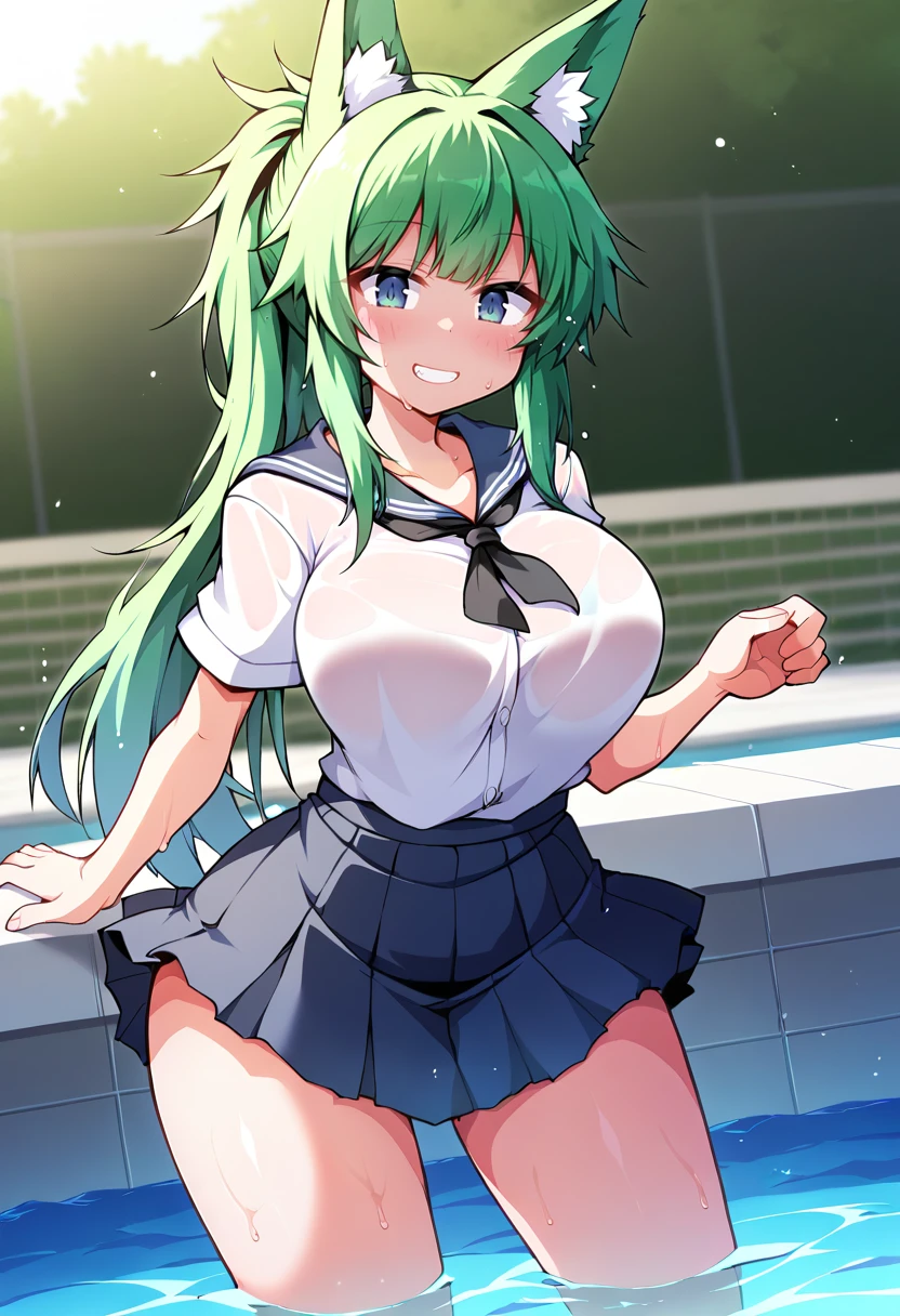 score_9, score_8_up, score_7_up, source_anime, 1girl, solo, pool, school pool, blue eyes, green hair, fox girl, fox ears, school uniform, wet shirt, bare feet, standing, cowboy shot, facing forward, grin, blush,  big breasts, wide hips, thick thighs, blunt bangs, ponytail, messy hair,green ears, green fox ears, black skirt  <lora:Yuuhi-Alpha-Style-PonyXL-000017:1>