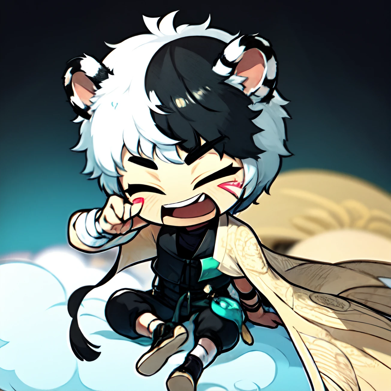 Hu,1boy,male focus,animal ears,white hair,solo,closed eyes,whisker markings,facial mark,smile,open mouth,chibi,tiger ears,bandages,holding,bandaged arm,scarf,
masterpiece,high quality,<lora:Hu-0000012:1>,