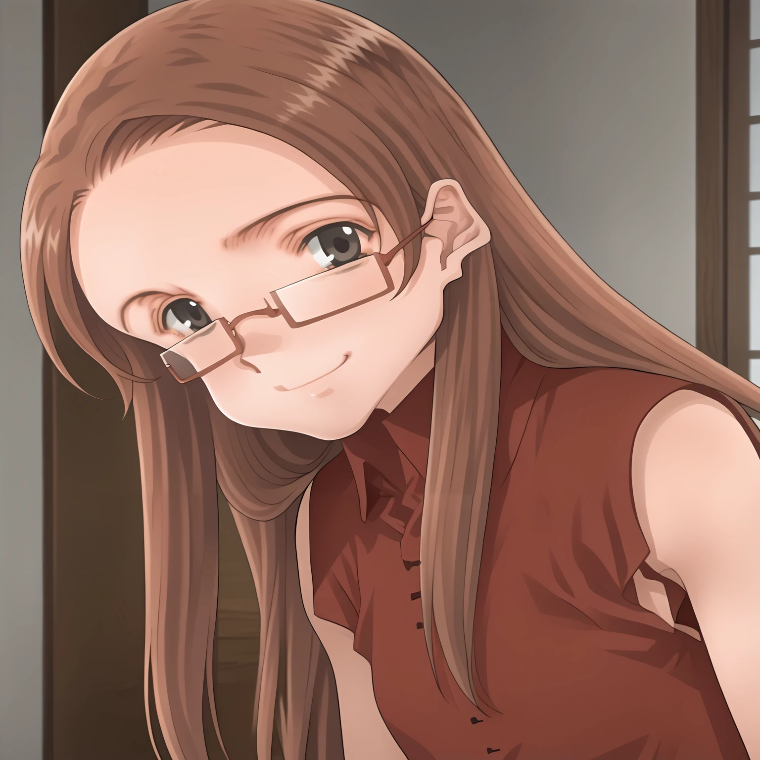 <lora:KyoukoAsahinaXLpony001>,smile,
solo,
KyoukoAsahina,1girl,brown hair,long hair,black eyes,eyewear,
red shirt,sleeveless,