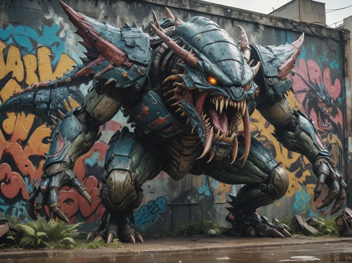 Fighting game style Grunge style Graffiti style (enormous:1.4) Starship Troopers huge big (colossal:1.2) (behemoth:1.3) (kaiju:1.2) arachnid,highly detailed,global illumination,HDR,8K,high resolution,cinematic color grading,fuji cinestill,photograph of enormous (eldritch:1.2) intricate horror enormous giant insect creature,glossy and wet,tyranid,multiple rows of sharp teeth,armed soldiers trying to fight it . Street art, vibrant, urban, detailed, tag, mural . Textured, distressed, vintage, edgy, punk rock vibe, dirty, noisy . Dynamic, vibrant, action-packed, detailed character design, reminiscent of fighting video games