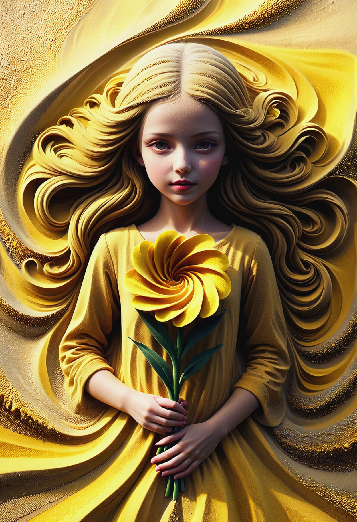 a young girl holding a flower made of swirling yellow sand, (masterpiece, high detail, best quality), realistic, fantasy