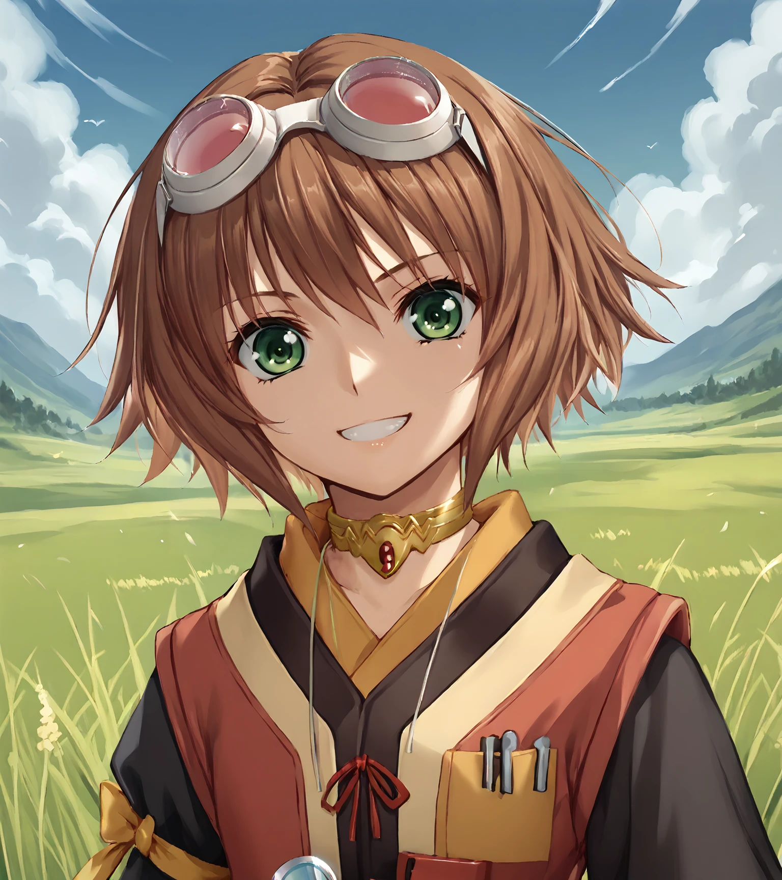 score_9, score_8_up, score_7_up, score_6_up, score_5_up, score_4_up, BREAK source_anime,
1girl, solo, <lora:RitaMordio:0.9>, Rita Mordio, green eyes, brown hair, short hair, flat chest, goggles on head, choker, red dress, black sleeves, fingerless gloves, single leg pantyhose, asymmetric legwear, boots,
outdoors, grass, field, sky, clouds,
looking at viewer, smile,  upper body, portrait 
<lora:piroponyv3:1>, <lora:Chocochip:1>,