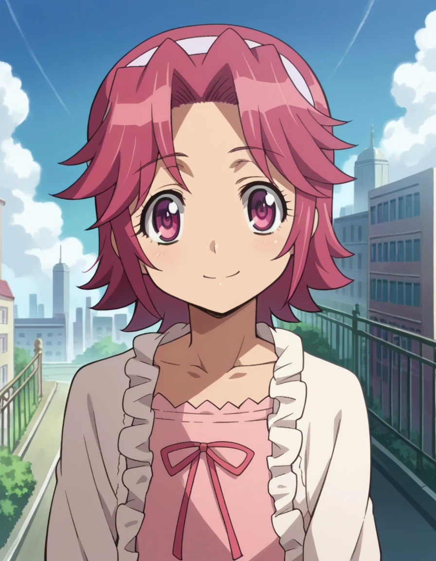 score_9, score_8_up, score_7_up, source_anime,
alicemaresato, <lora:alice-maresato-s1-ponyxl-lora-nochekaiser:1>,
alice maresato, short hair, pink hair, red hair, hairband, pink eyes, parted bangs, solo,
dress, frills, long sleeves, pink dress,
outdoors, cityscape, smile,
looking at viewer, dutch angle, cowboy shot,