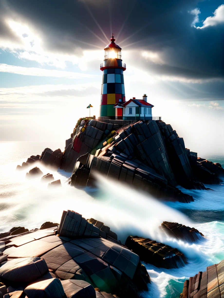 colorful mad-checker lighthouse on a rocky island in the clouds, haze, god rays, cinematic shot <lora:Colorful_Checker_SDXL_v2:0.8>, masterpiece, best quality, ultra high res, (photorealistic, realistic:1.2), deep shadow, raw photo, film grain, Fujifilm XT3, 8k uhd, dslr