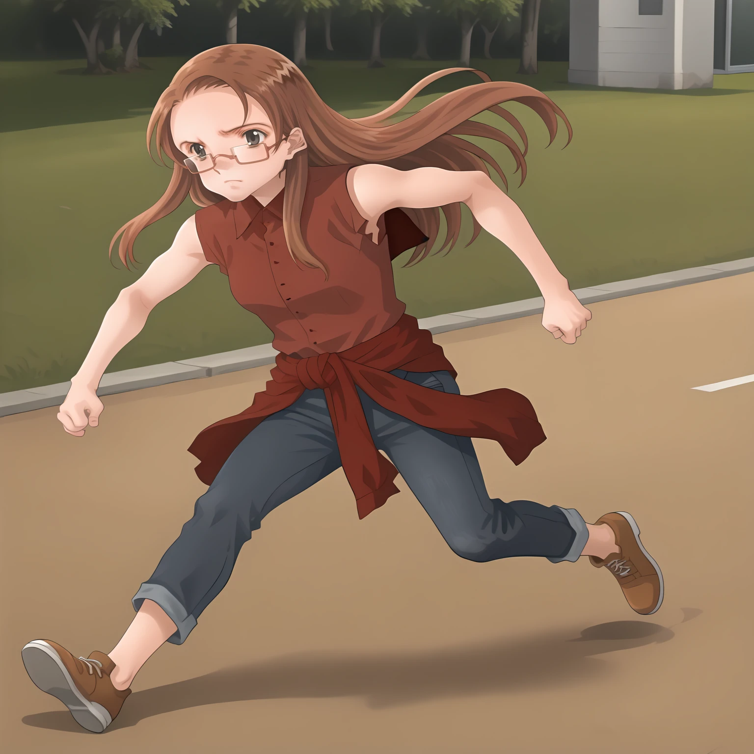 <lora:KyoukoAsahinaXLpony001>,
solo,
KyoukoAsahina,1girl,brown hair,long hair,black eyes,eyewear,
red shirt,sleeveless,
clothes around waist,
jeans,
full body,running,