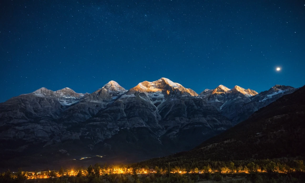 ep1cl@nd$c@pe, city lights in the distance, mountain range, night time, starry sky, moon
