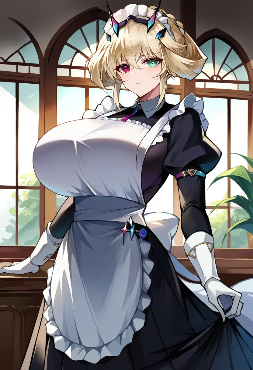 score_9, score_8_up, score_7_up, source_anime BREAK 1girl, solo, looking at viewer, cowboy shot, <lora:Barghest_Sdxl:0.9>, Barghest_Maid, platinum blonde hair, twin braids, short hair, sidelocks, hair up, hair bun, heterochromia, maid headdress, frilled dress, pleated dress, juliet sleeves, maid apron, collar, black skirt, long skirt, white gloves, huge breasts, curvy, indoors, vila, marble floor, glass table, day, window, <lora:An-Yasuri-Style-PonyXL-Dora-v1.3:1>
