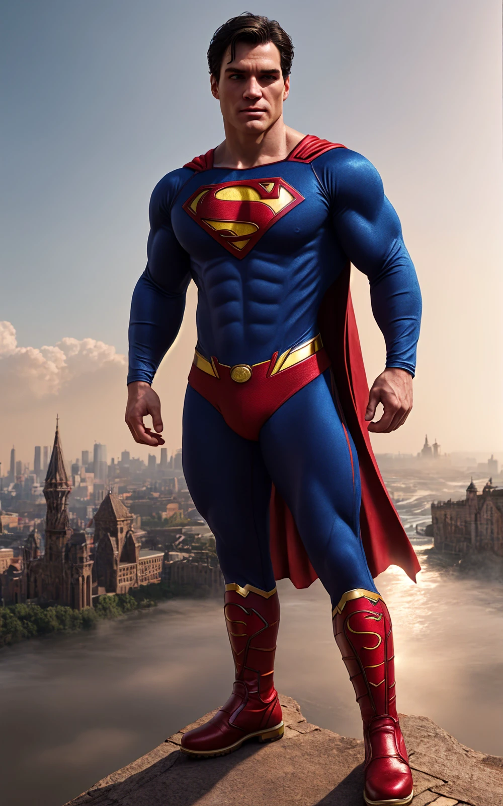 muscle_DPDL, <lora:SCJudd (1):1>>, as Superman, ((short hair)), <lora:BulkedUpAIR1.5:0.2>, Bodybuilder:1.2, (wearing tight superman costume:1.3), (Matching boots), standing on rooftop:1.2, High detail professional high angle photograph, (very large round pecs), (blue sky background), ripples, light fog, (streams of crackling magic energy around the subject), sexy look, skin pores, (((fantasy theme))), matte, warm pastel colors, backlighting, depth of field, natural lighting, hard focus, ray traced, face and upper body focus:1.3, 8 k high definition, insanely detailed, intricate, (full body shot:1.2)