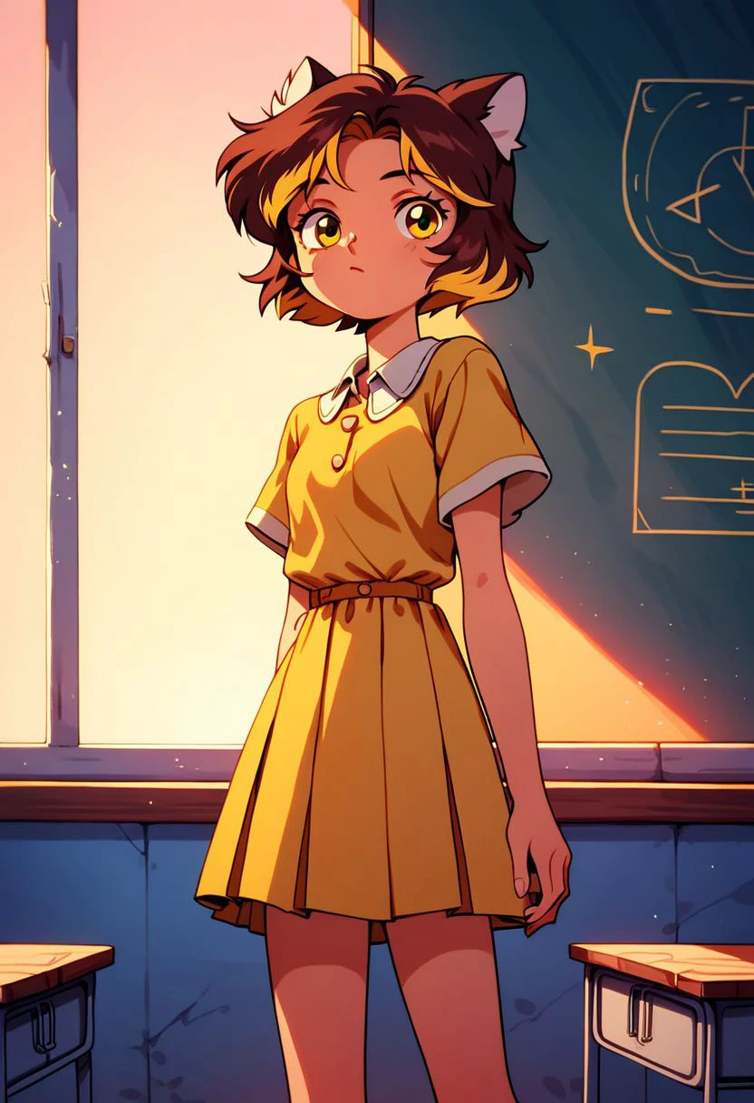 score_9, score_8_up, score_7_up, score_6_up, 
human,
brown hair, short hair, school, classroom,
Tigra, 1girl, yellow dress with sun, animal ears,
white caucasian girl, multicolored hair, yellow eyes,
pastel colors, high res image, masterpiece,
90s4n1m3