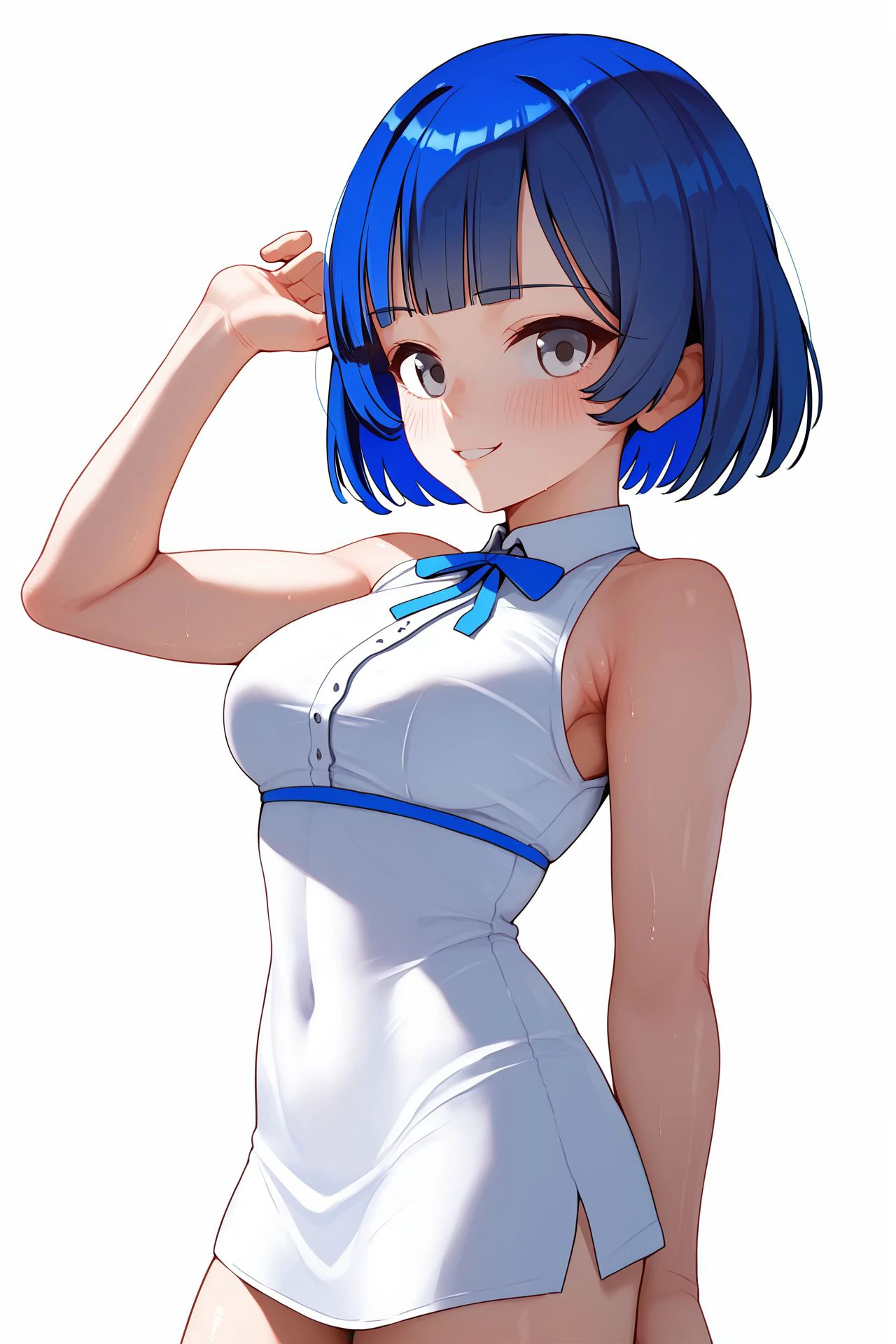 score_9, score_8_up, score_7_up, 1girl, happy, looking at viewer, dark_blue hair, long_fringe, white eyes, medium breasts, hand_on_hip, neck ribbon <lora:Gemba_PonyXL_style_v01:1>