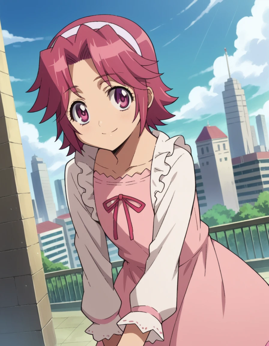 score_9, score_8_up, score_7_up, source_anime,
alicemaresato, <lora:alice-maresato-s1-ponyxl-lora-nochekaiser:1>,
alice maresato, short hair, pink hair, red hair, hairband, pink eyes, parted bangs, solo,
dress, frills, long sleeves, pink dress,
outdoors, cityscape, smile,
looking at viewer, dutch angle, cowboy shot,