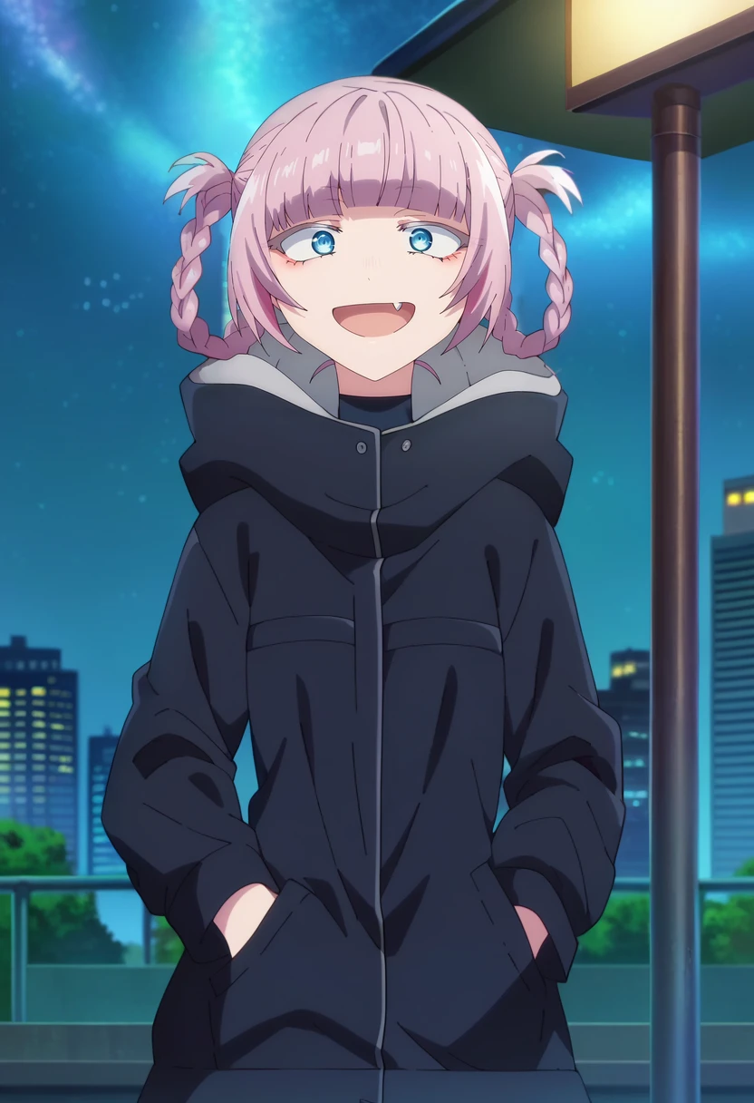 score_4, score_5, score_6, score_9, score_8_up, score_7_up, source_anime,
<lora:YofukashiNoUta_NanakusaNazunaXL:0.8>, NanakusaNazuna,
1girl, open mouth, smile,
pink hair, short hair, blunt bangs, braid, hair rings, blue eyes, fang,
NanakusaJacket, black jacket, hood,
looking at viewer, hand in pocket, thigh gap,
outdoors, city, night, starry sky
<lora:anime_screencap:1>, fine anime screencap_xl, anime_screencap