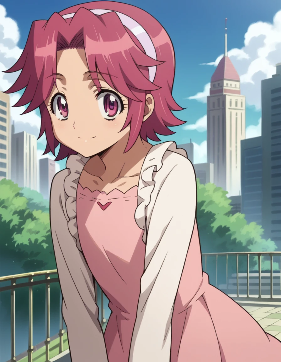 score_9, score_8_up, score_7_up, source_anime,
alicemaresato, <lora:alice-maresato-s1-ponyxl-lora-nochekaiser:1>,
alice maresato, short hair, pink hair, red hair, hairband, pink eyes, parted bangs, solo,
dress, frills, long sleeves, pink dress,
outdoors, cityscape, smile,
looking at viewer, dutch angle, cowboy shot,