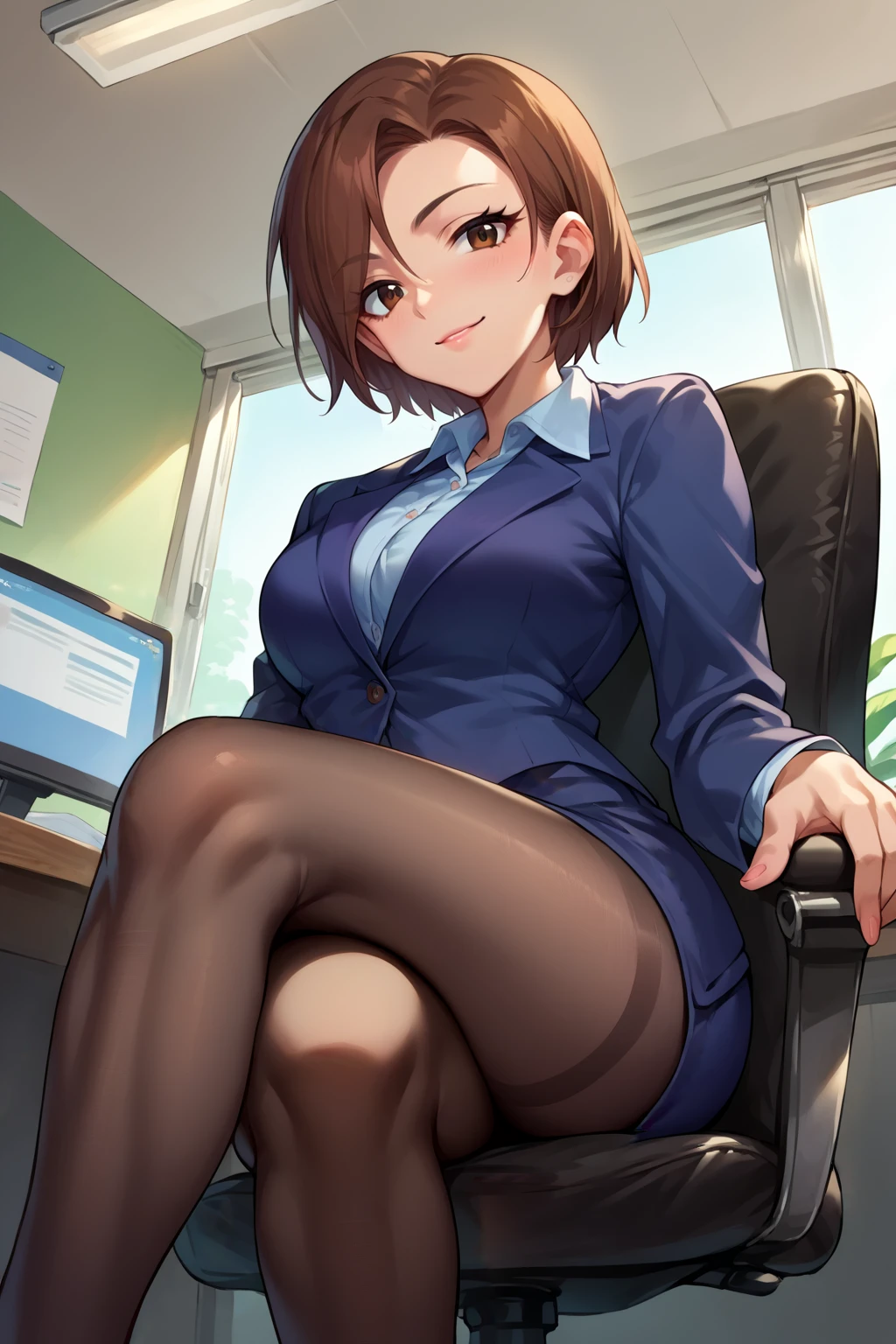 score_9, score_8_up, score_7_up, source_anime, from below, looking at viewer, seductive smile, seira mizuki, short hair, office lady, blazer, collared shirt, miniskirt, black pantyhose, sitting, crossed legs, indoors, office chair, <lora:Hoseki_Idolmaster_SeiraMizuki_PDXL_v1:1>