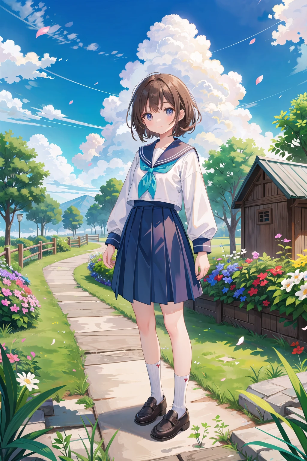 (masterpiece), cowboy shot, town, blue sky, 1girl, smile, solo, sailor uniform, brown hair, cloud, cloudy sky, day, outdoors, overgrown, petals, plant, scenery, shoes, standing
