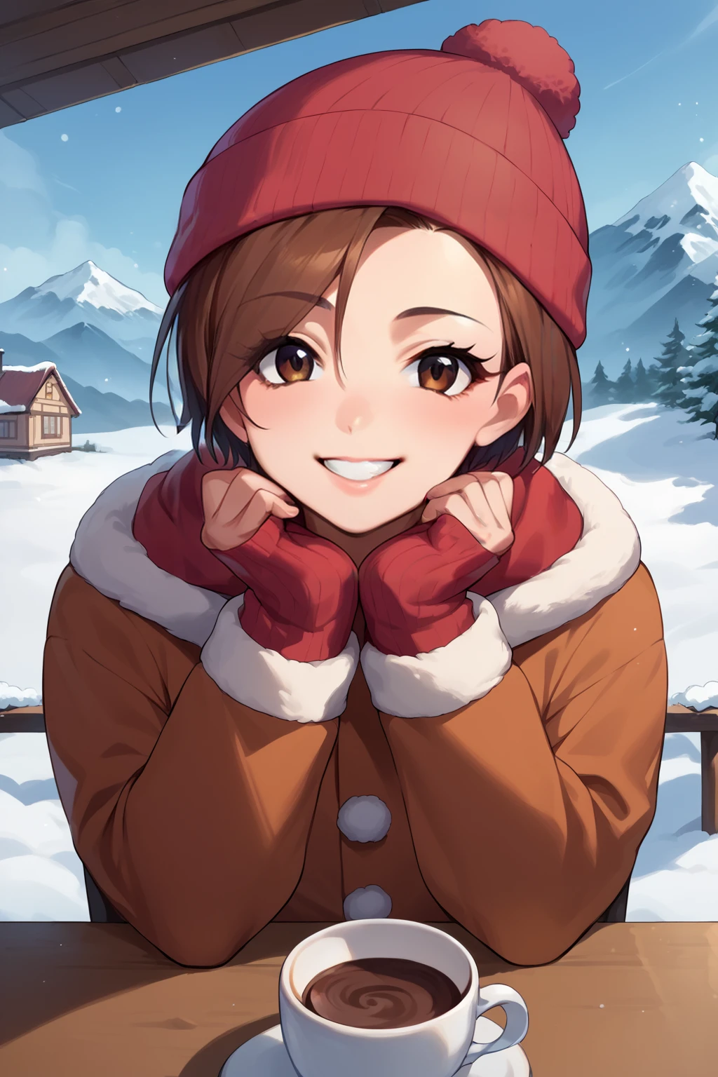 score_9, score_8_up, score_7_up, source_anime, pov across table, looking at viewer, smile, teeth, seira mizuki, short hair, winter clothes, beanie, sitting, outdoors, hot chocolate, table, chair, town, snow, mountain, <lora:Hoseki_Idolmaster_SeiraMizuki_PDXL_v1:1>