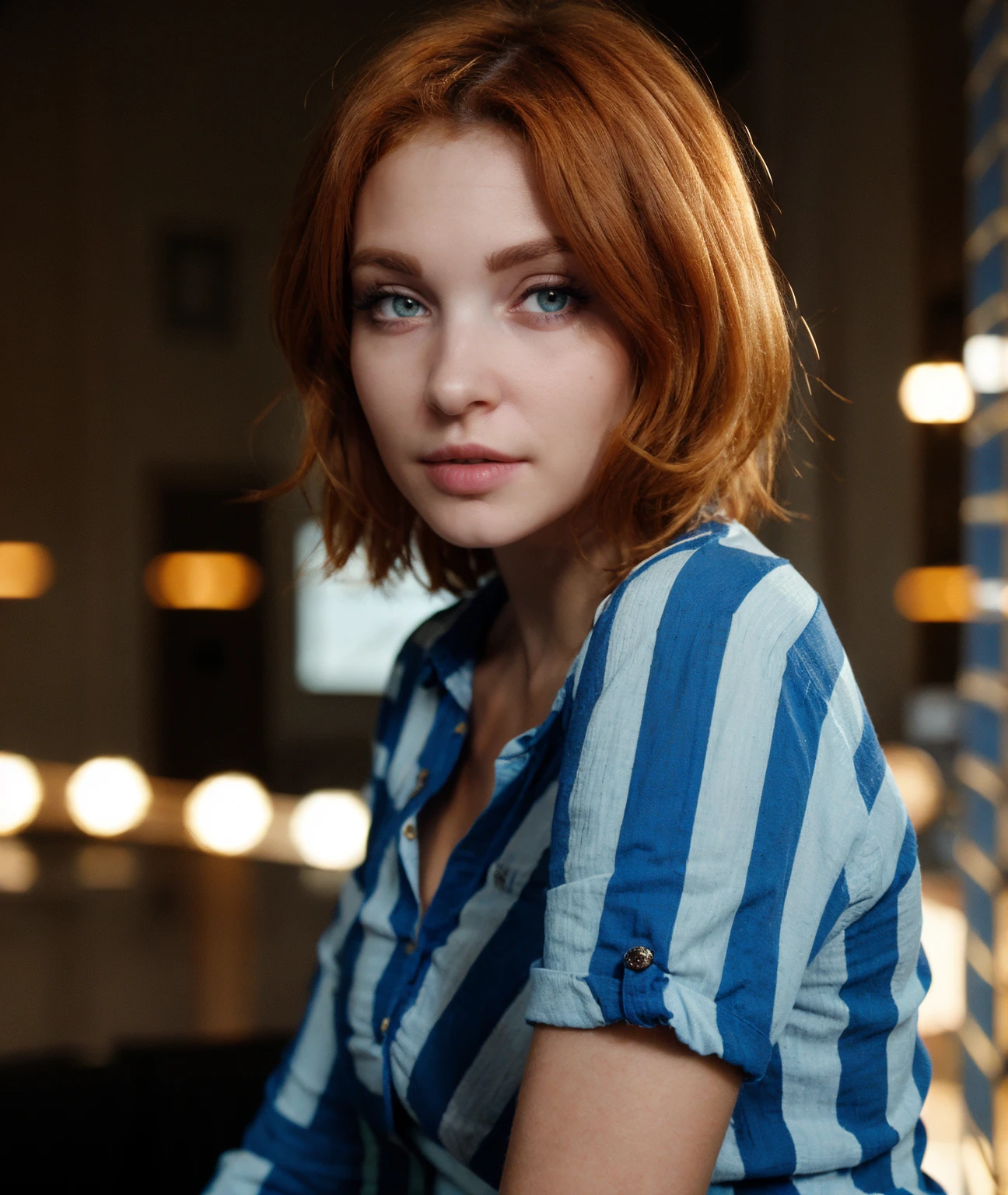 cinematic photo , realistic,  <lora:quiron_Kika_v2_Lora:0.87> KikaQuiron, redhead, blue eyes, focused, prairie, indoors, light, zombie pose, (striped shirt, vertical stripes, miniskirt), pupils sparkling, . 35mm photograph, film, bokeh, professional, 4k, highly detailed