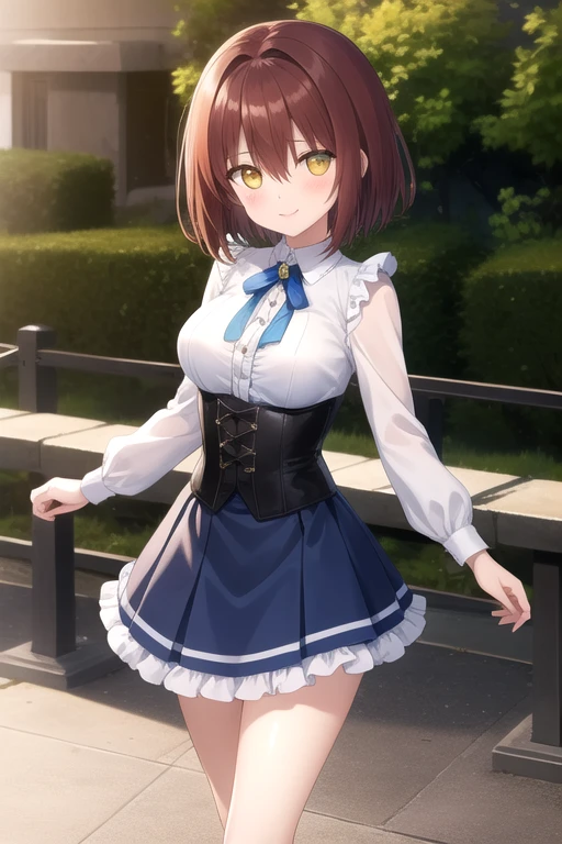 ((masterpiece)),(best quality),official art,extremely delicate and beautiful,extremely detailed CG,unity 8k wallpaper,ultra detailed,beautiful detailed eyes,extremely detailed face,outdoors,1girl,solo,cowboy shot,looking at viewer,facing viewer,smile,(petite:1.3),Miyabi Hotaka,Miyabi Hotaka uniform,short hair,brown hair,red hair,hair intakes,hair between eyes,bangs,yellow eyes,neck ribbon,blue ribbon,black corset,frilled shirt collar,white shirt,long sleeves,large breasts,blue skirt,pleated skirt,frills,black socks,mary janes,black footwear,<lora:Miyabi Hotaka(ad)>,