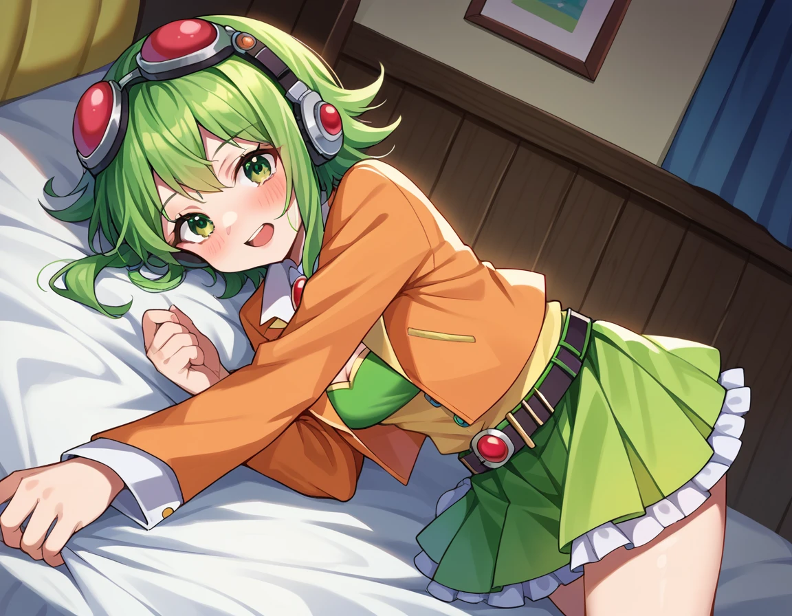 score_9, score_8_up, score_7_up, source_anime,
vocaloidgumi, <lora:vocaloid-gumi-ponyxl-lora-nochekaiser:1>,
gumi, green eyes, green hair, medium hair, sidelocks,
belt, brooch, frilled skirt, frills, goggles, goggles on head, green skirt, green tube top, headphones, high heels, jacket, jewelry, layered skirt, orange jacket, orange skirt, pleated skirt, red goggles, shirt, skirt, strapless, tube top, yellow shirt,
indoors, bed, bed room, on side, blush, drunk,
looking at viewer, dutch angle, cowboy shot,