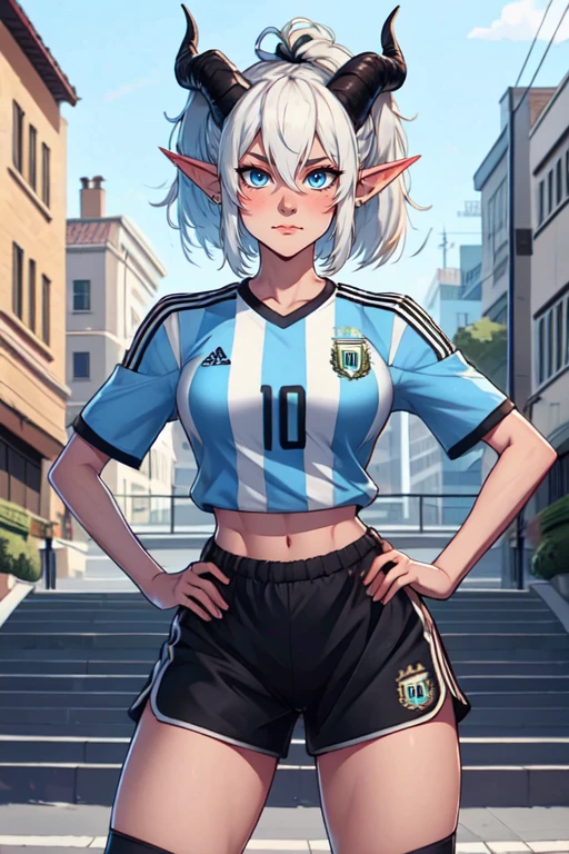 masterpiece,best quality,extreme detail,8k,face detailed,  <lora:Mialygosa:0.8> Mialygosa15, 1girl, solo, looking at viewer, blush, short hair, blue eyes, shirt, navel, hair between eyes, medium breasts, closed mouth,  collarbone, ponytail, number 10, white hair, short sleeves, thighs, cowboy shot, horns, shorts, pointy ears, midriff, striped, short shorts, black shorts, blue shirt, demon horns, sportswear,  soccer uniform, double pigtail, street background, hands on hips