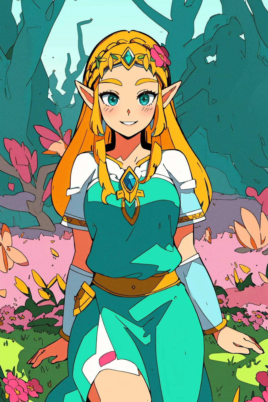 masterpiece, ultra-detailed, best quality, illustration, 8k cg wallpaper, an extremely delicate and beautiful, 1girl, Princess Zelda /(The Legend of Zelda/), solo, perfect anatomy, smiling, blushing, perfect arms, perfect legs, cute, pretty, beautiful, sexy, perfect body, (background: flowery field, grass, trees, flowers, ruins, intricately detailed items in background), <lora:Sable:1>