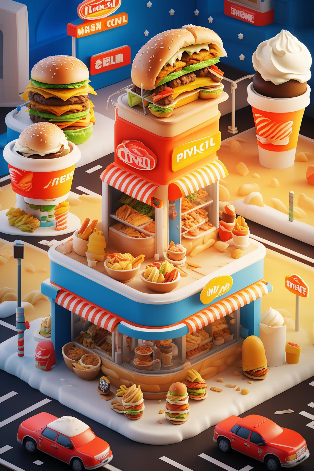 masterpiece,best quality,3D rendering of a game scene with multiple buildings and houses made of fast food icons such as burgers, hot dogs, pizza slices, french fries, sushi rolls, ice cream cones, and ramen bowls, all combined to form the shape of a "C", in a vibrant cartoon style,<lora:douyinxieshi1.5:0.8>,