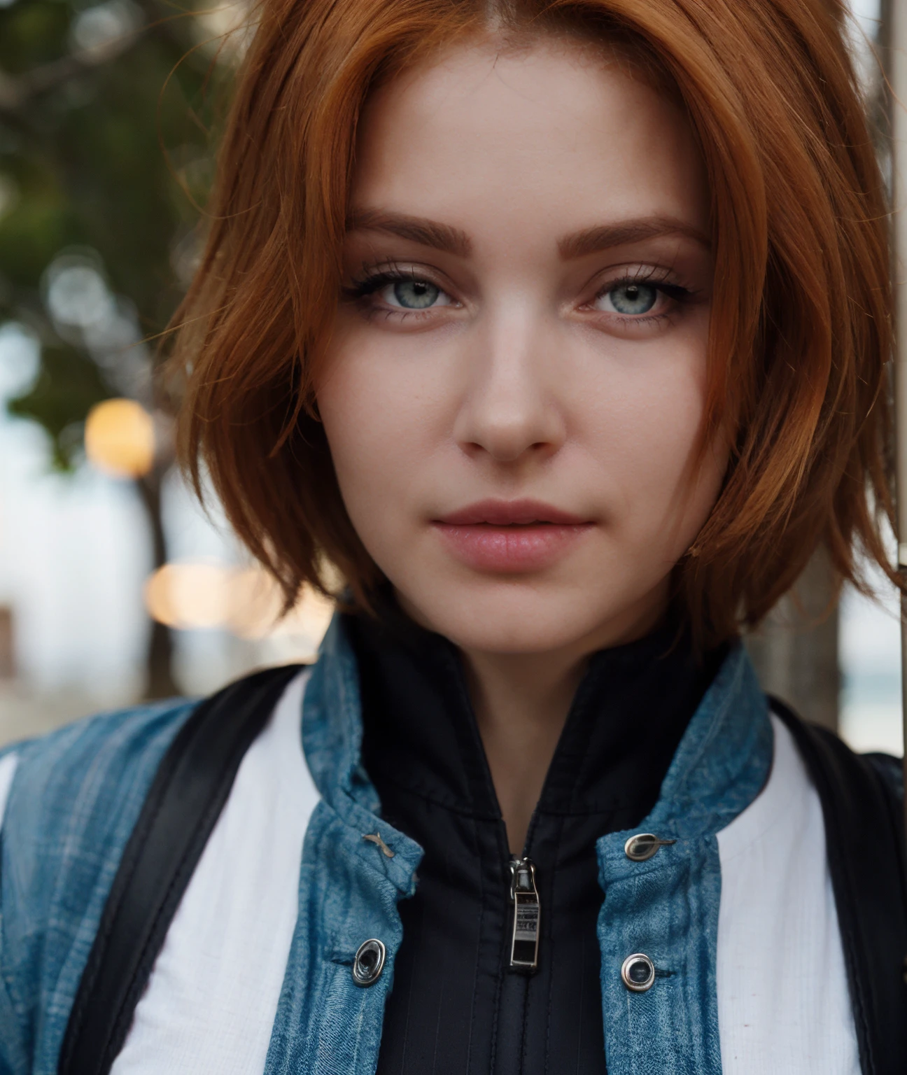 cinematic photo , realistic,  <lora:quiron_Kika_v2_Lora:0.87> KikaQuiron, redhead, blue eyes, close-up, skytree, dawn, split, striped shirt, vertical stripes, leather pants, (sneakers), distracted, aloof, oblivious, . 35mm photograph, film, bokeh, professional, 4k, highly detailed