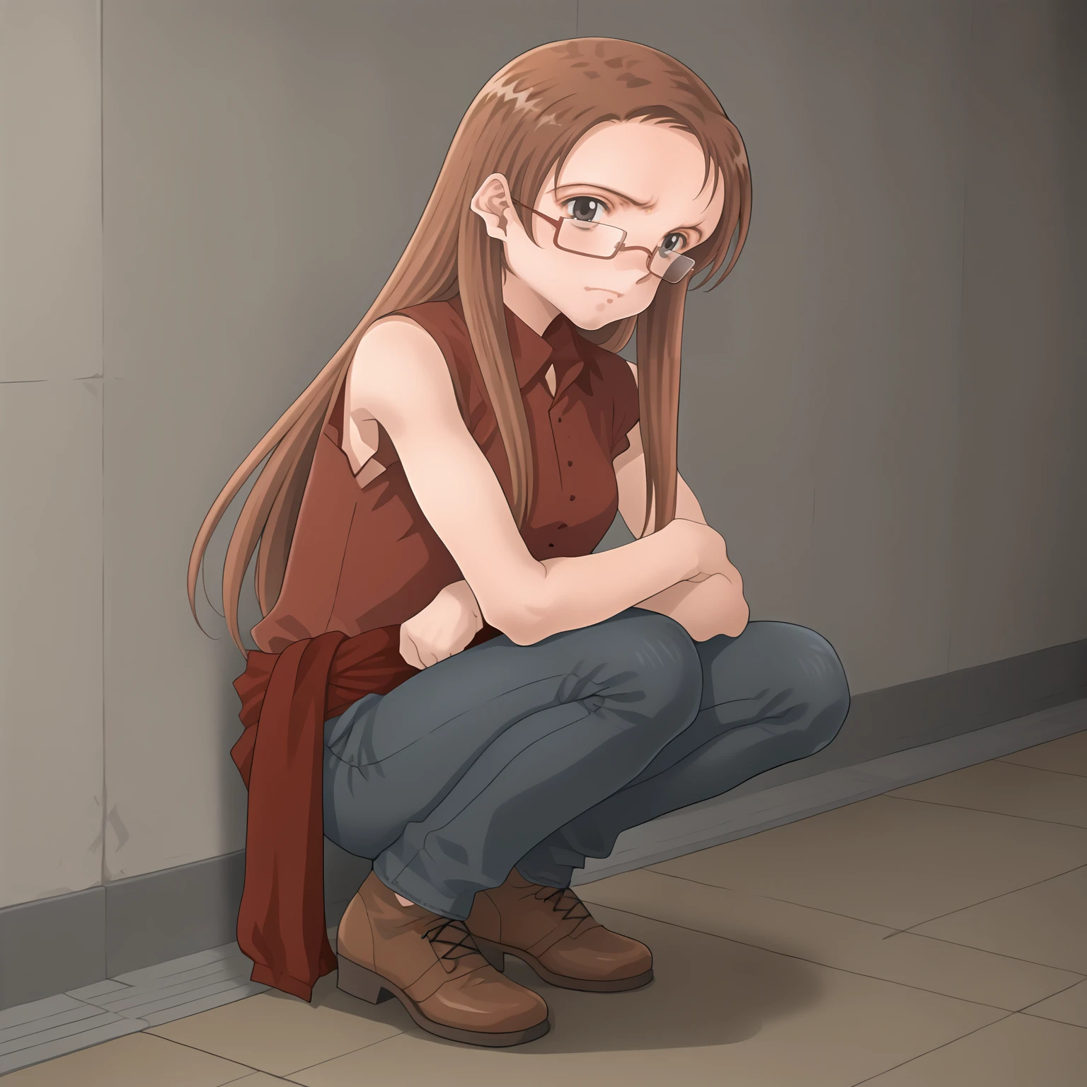 <lora:KyoukoAsahinaXLpony001>,
solo,
KyoukoAsahina,1girl,brown hair,long hair,black eyes,eyewear,
red shirt,sleeveless,
clothes around waist,
jeans,
full body,squatting,