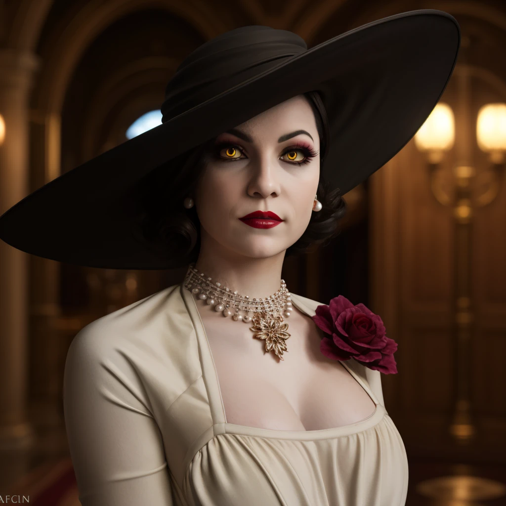 Best_QualityPos, RAW photo, intricate details, best quality, 8k uhd, soft lighting, 1girl, solo, alcina dimitrescu, hat, black hat, short hair, black hair, yellow eyes, colored skin, grey skin, dress, white dress, collarbone, rose, black flower, black rose, jewelry, earrings, necklace,  lipstick, makeup <lora:Alcina_Dimitrescu:0.7> <lora:exposure_control_v10:-0.4>