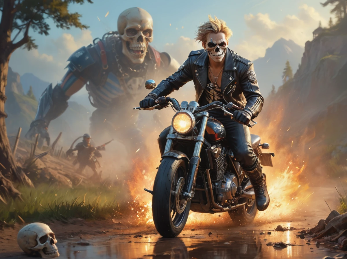 solo,open mouth,blonde hair,gloves,1boy,male focus,boots,black gloves,armor,chain,fire,ground vehicle,motor vehicle,spikes,(skull:1.4),motion blur,very fast speed,leather,spiked bracelet,motorcycle,leather jacket,shoulder spikes,biker clothes,romanticism art,(landscape art stylized by Karol Bak:1.3),Paul Gauguin,Cyberpop,short lighting,F/1.8,extremely beautiful,oil painting of,racing stripes,motion blur,going really fast masterpiece,deep focus,studio lighting,League of Legends Splash Art,hyperdetailed,arcadian,spotlight