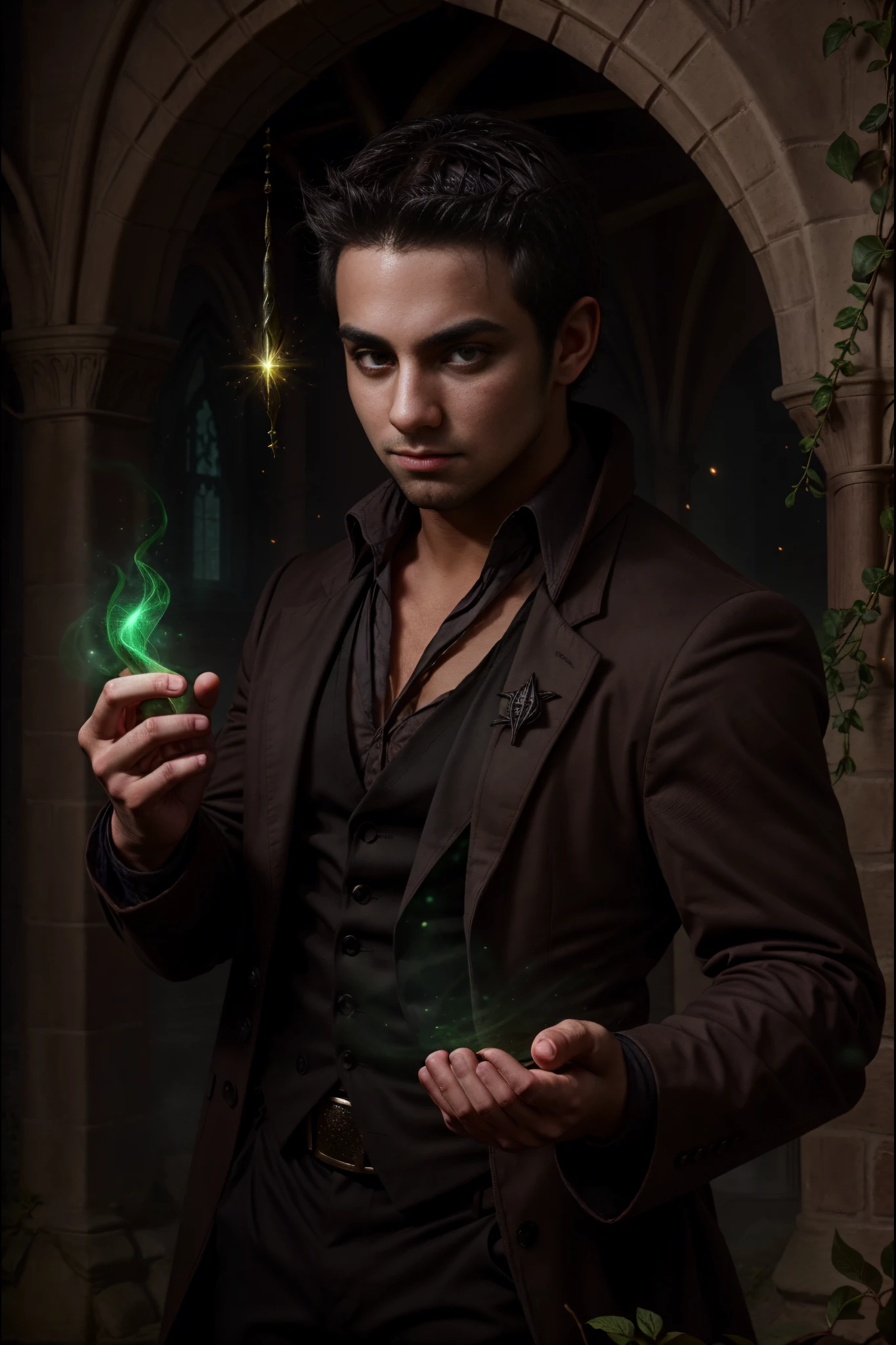 <lora:MaleModel_02:1>handsome, black hair, brown eyes, sorcerer, casting spells, interior:gothic castle, (dynamic motion) <lora:NatureMagic:0.8> naturemagic, magical energy, fantasy