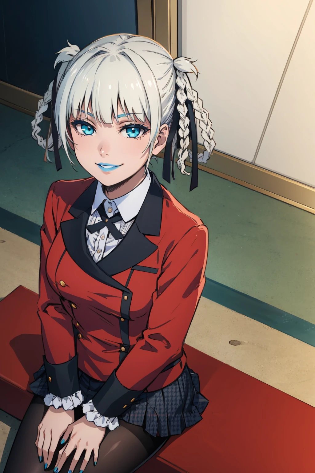 masterpiece, best quality, 1girl,  <lora:kirari-nvwls-v1-000010:0.9> momobami kirari, white hair, braid, hair rings, hair ribbon, blue lipstick, black ribbon, collared shirt, red blazer, houndstooth skirt, pantyhose, sitting, on ground, indoors, looking at viewer, from above, smirk, grin, blue nails