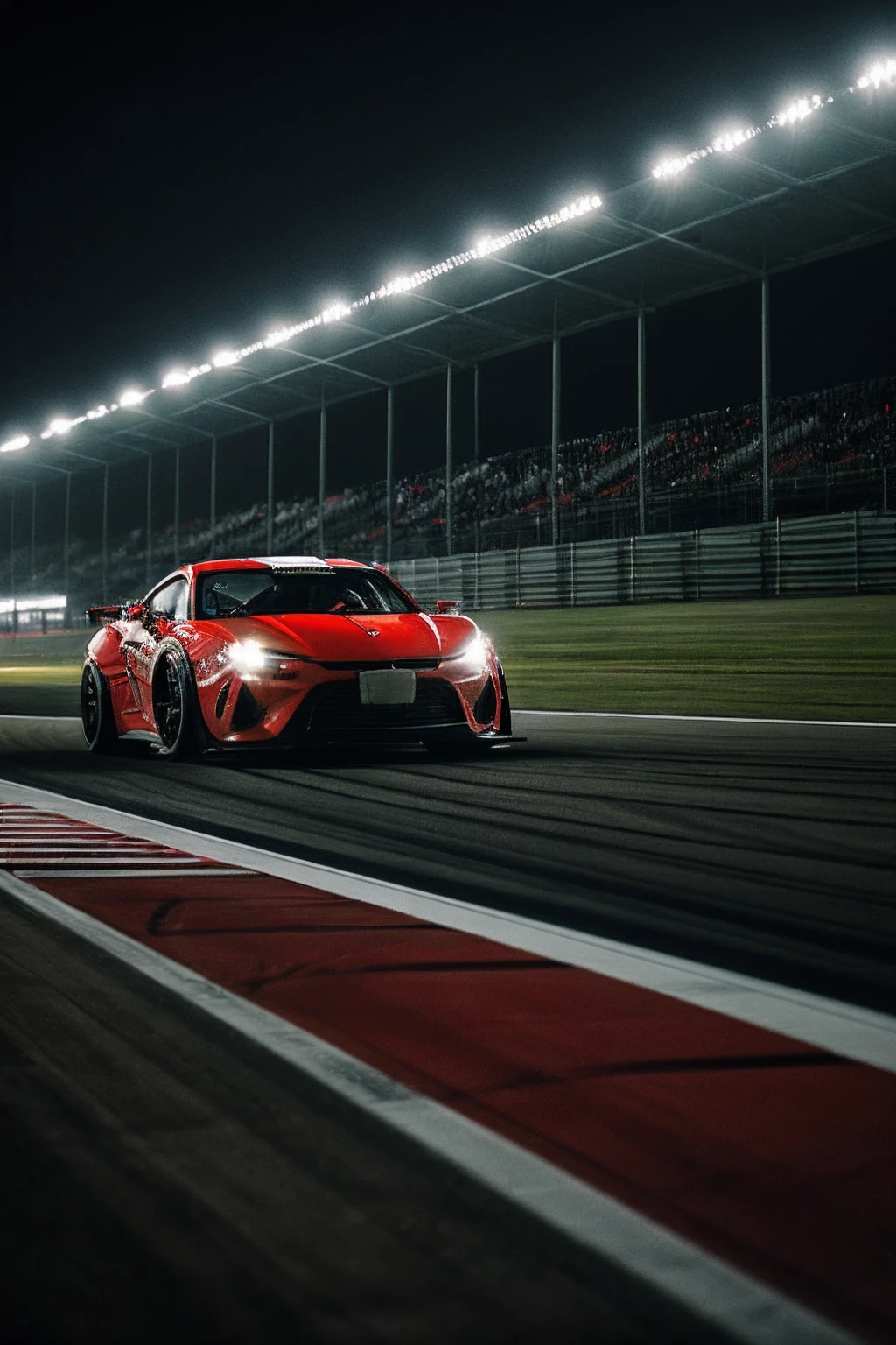 red sports car, racetrack, drift, burning wheels, at night