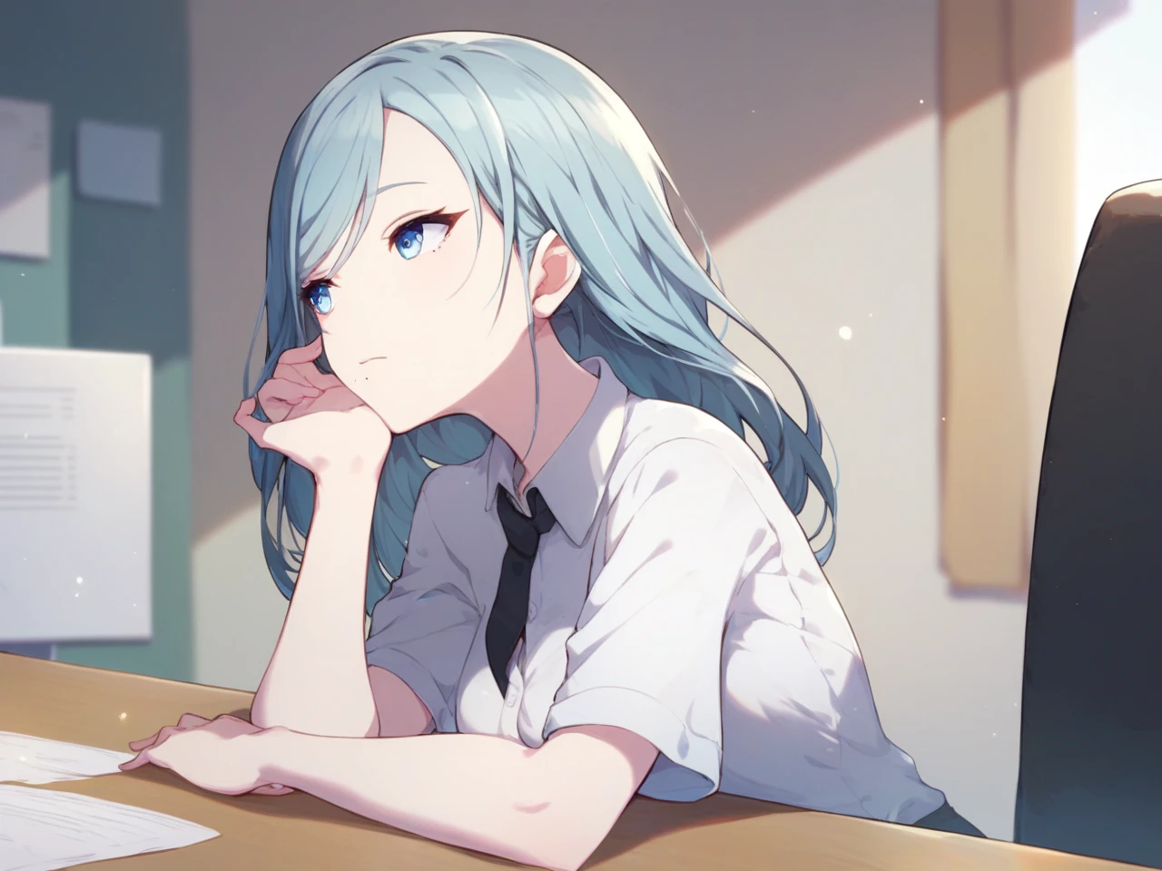 (score_9,score_8_up,score_7_up),
1girl,light blue hair,blue eyes,swept bangs,
closed mouth, looking to the side,sitting,from side,hand on own cheek,
office lady,black necktie,white shirt,short sleeves,breasts,
indoors,chair,table,
upper body