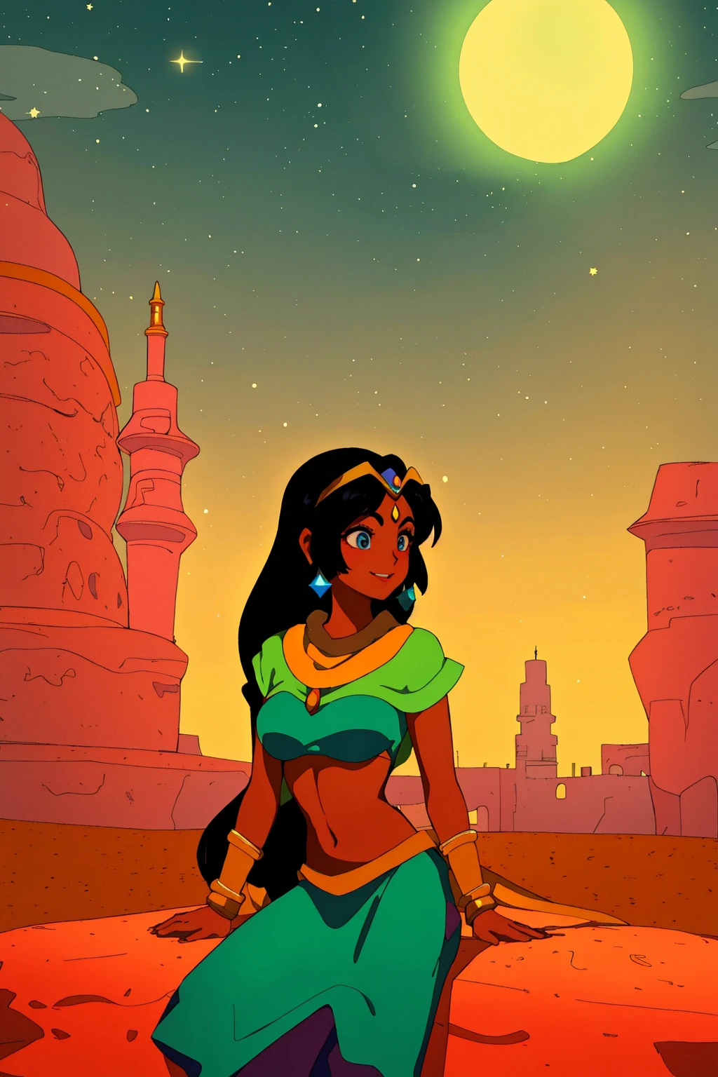 masterpiece, ultra-detailed, best quality, illustration, 8k cg wallpaper, an extremely delicate and beautiful, 1girl, Princess Jasmine /(Aladdin/), solo, perfect anatomy, smiling, blushing, dark skin, perfect arms, perfect legs, cute, pretty, beautiful, sexy, perfect body, (background: Arabian city, Arabian buildings, night sky, moon, stars, intricately detailed items in background), <lora:Sable:1>