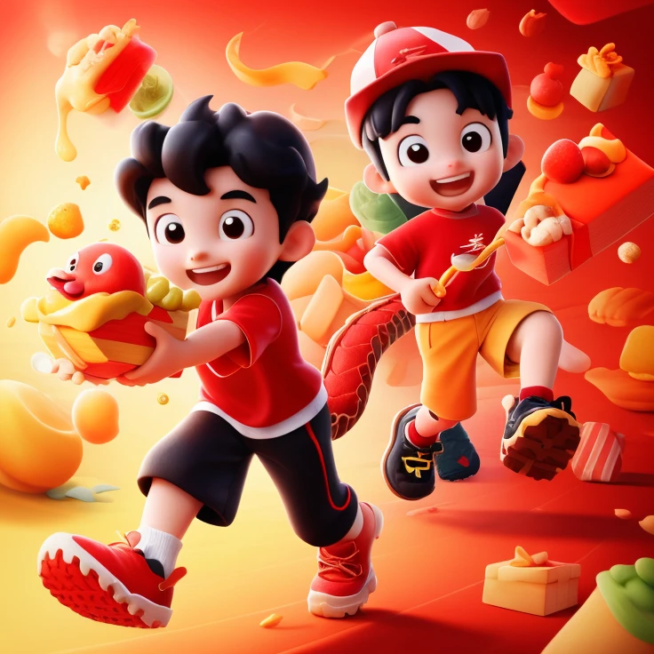 masterpiece,best quality,douyin,1girl,1boy,open mouth,smile,black hair,shirt,pants,food,hat,shorts,shoes,red shirt,eastern dragon,box,:d,rabbit,running,black eyes,long sleeves,short hair,fish,holding,red footwear,<lora:douyinxieshi1.5-000009:0.8>,