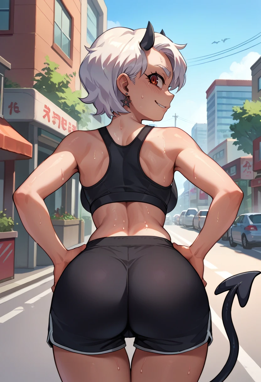 score_9, score_8_up, score_7_up, source_anime, from behind, solo, 1girl, htgeneric, sweat, smug, looking back, hands on own hips, black horns, demon horns, black sports bra, black shorts, short shorts, earrings, demon tail, ass, outdoors, city street <lora:helltaker_generic_ponyXL:1>