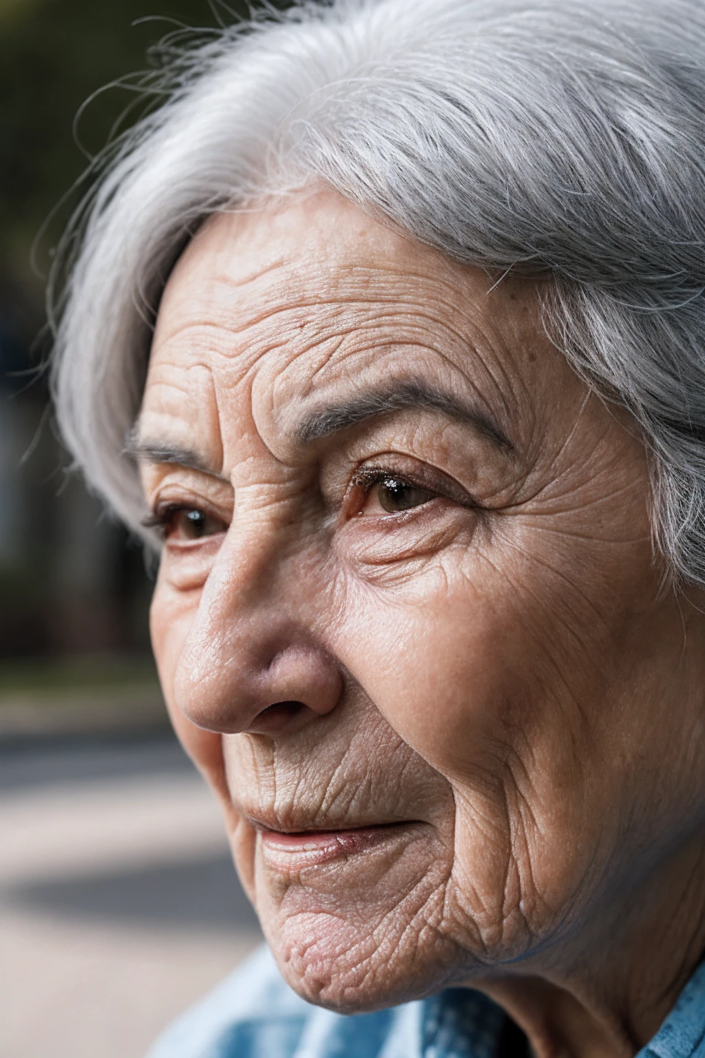 80yo woman, grey hair, deep wrinkles, closeup, hard shadows