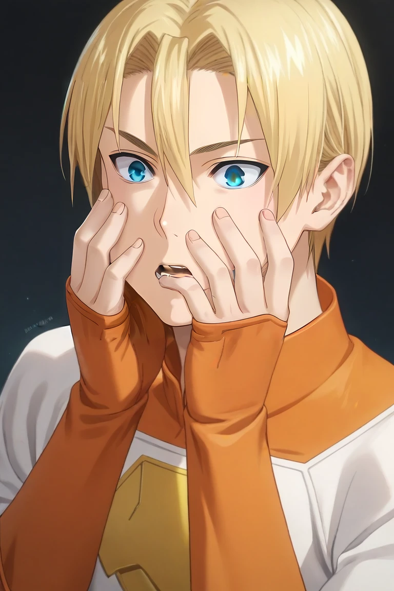 score_9, score_8_up, score_7_up, source_anime, (realistic:0.6), , , , 1boy, solo, male focus, <lora:takumi_aldini_pony:0.96>, takumi_aldini, blonde hair, blue eyes, short hair, hair between eyes, , science fiction superhero, Hands on cheeks, displaying surprise, <lora:sdxl_lightning_8step_lora:1>